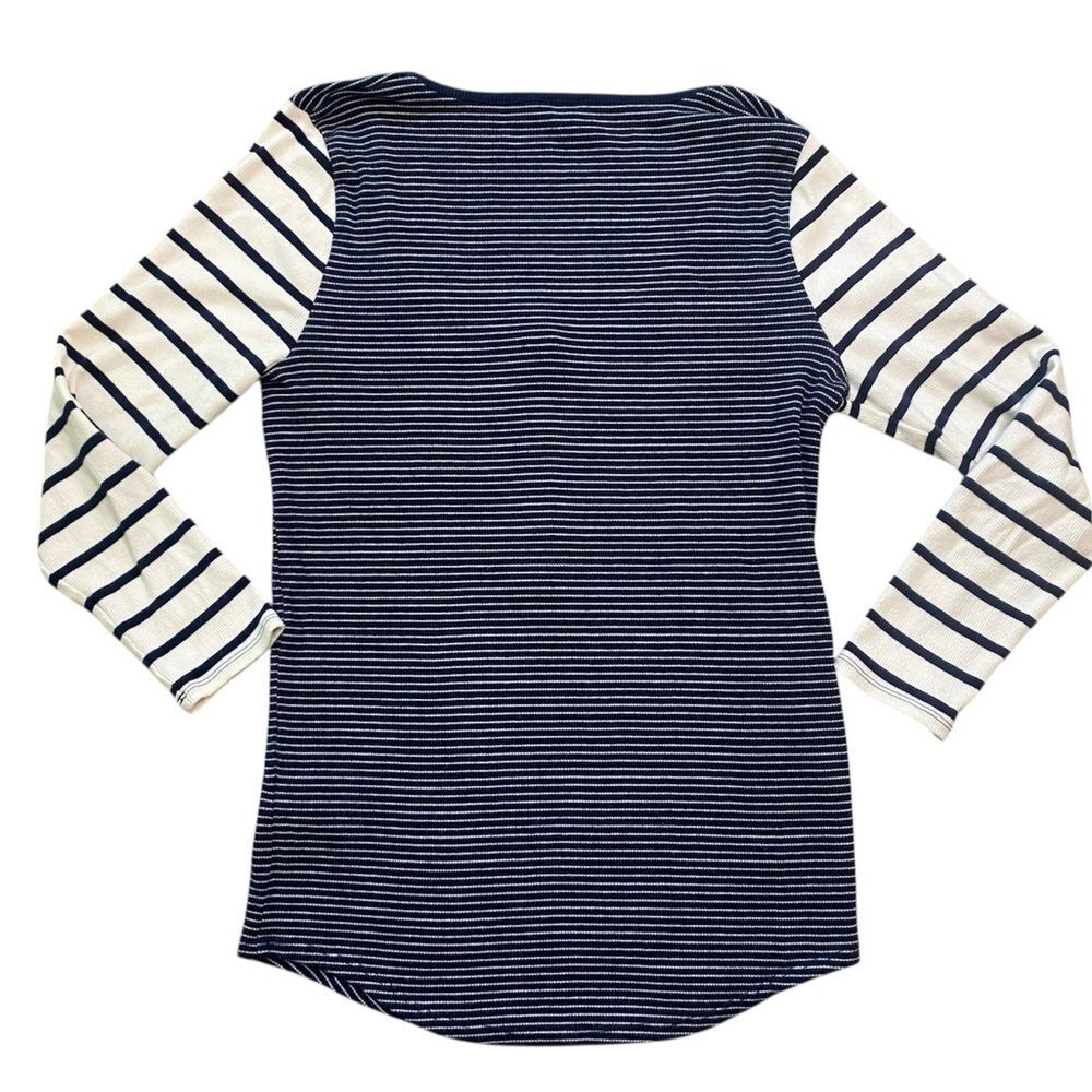 J. Crew Navy and White Striped Scoop Neck Ribbed Long Sleeve Henley - Picture 10 of 14